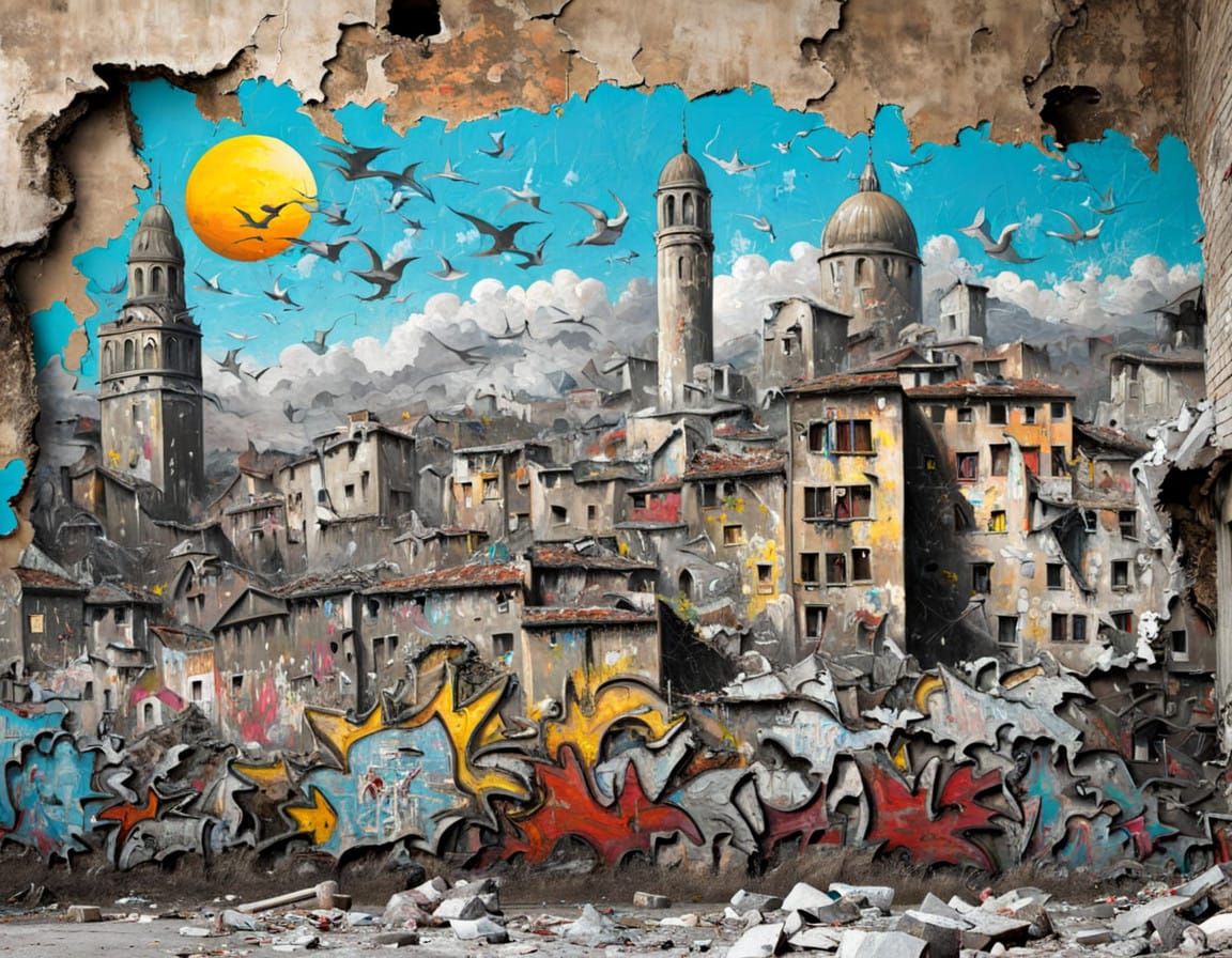Bansky-Style Graffiti on a Damaged City Wall