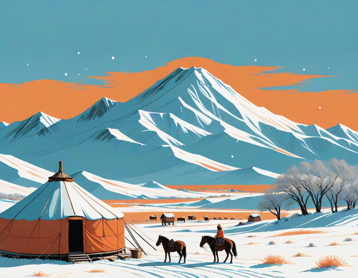 Mongolian Winter Scene in Rider-Waite Style
