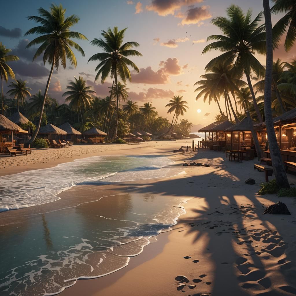 Tropical Beach Sunset in Detailed Matte Painting Style