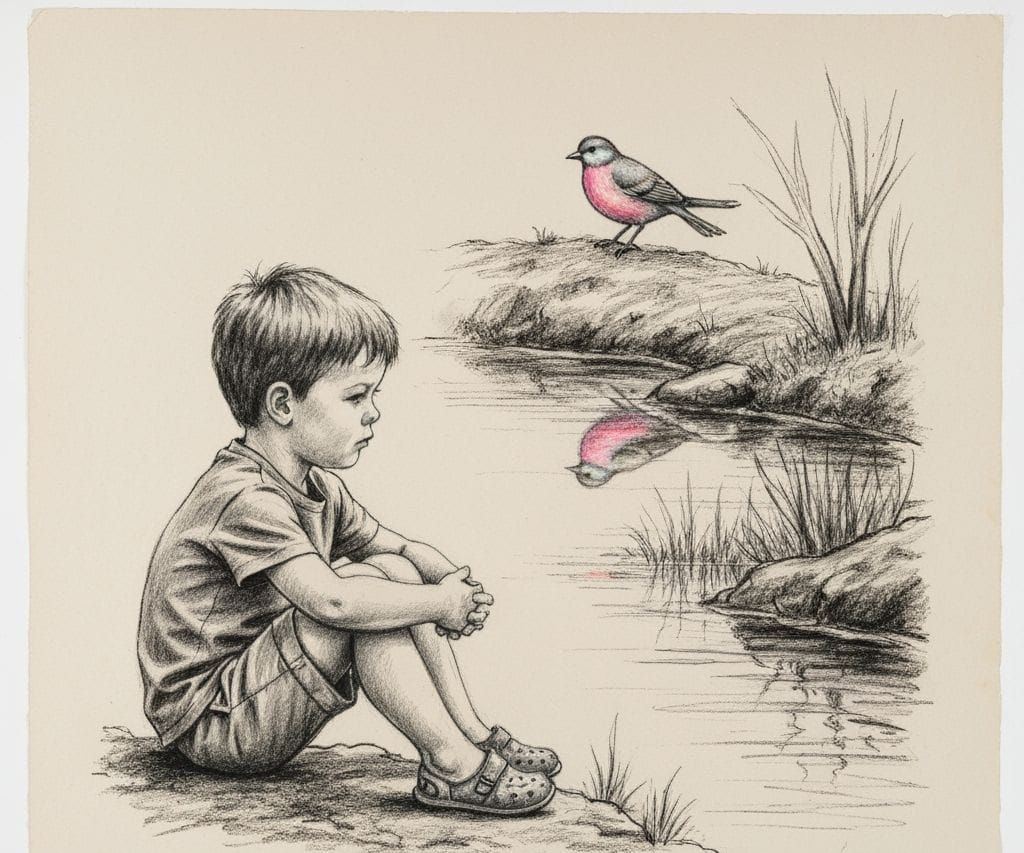 Boy Watching Bird by Stream in Charcoal Sketch