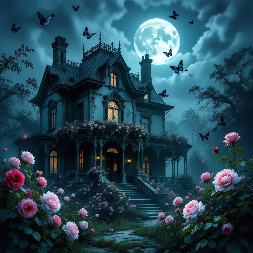 Ethereal Victorian Mansion in Moody Moonlight