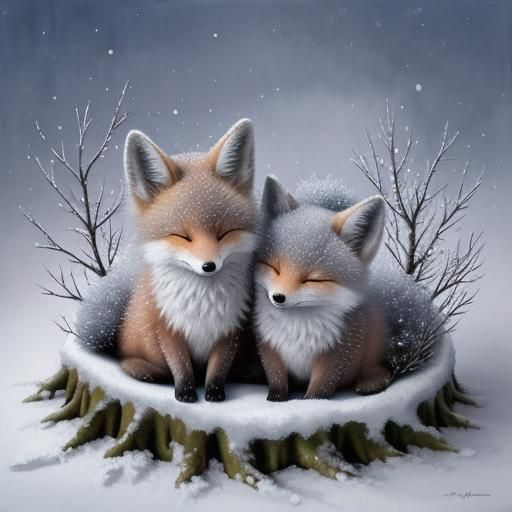 Watercolor Foxes Snug in Snowy Winter Den