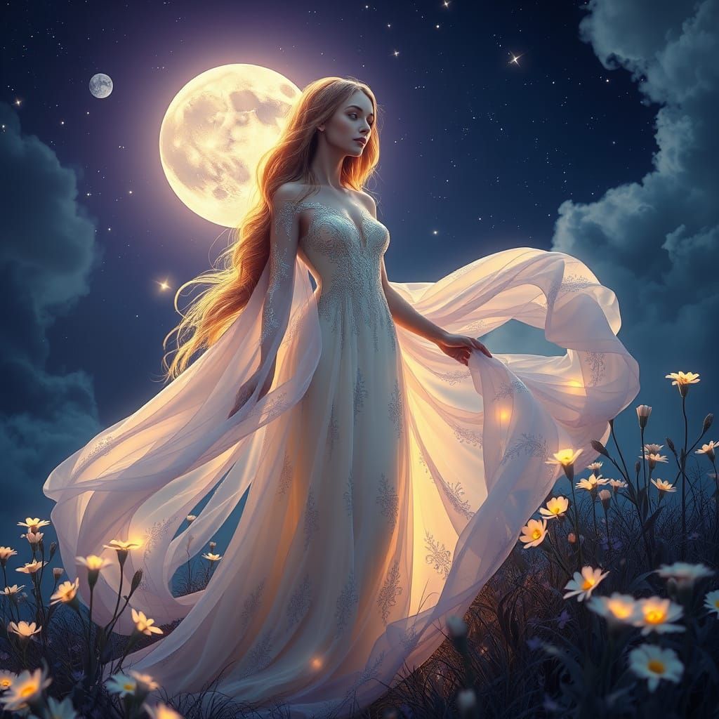 Moon Goddess in Starry Field, Art Nouveau Style
