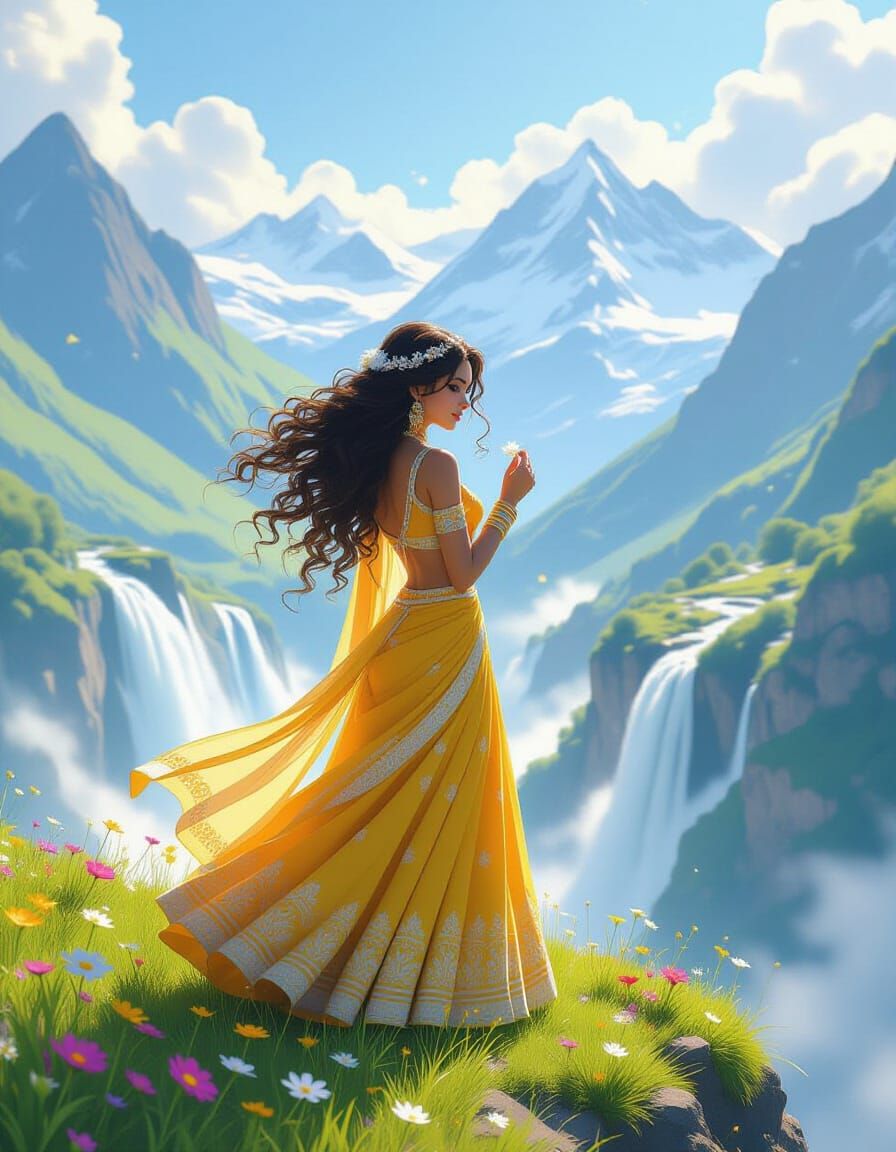 Indian Woman Overlooking Valley in Anime Style