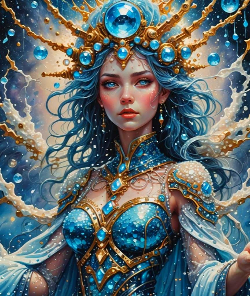 Crystal Goddess Travels Galaxy in Pointillism Style