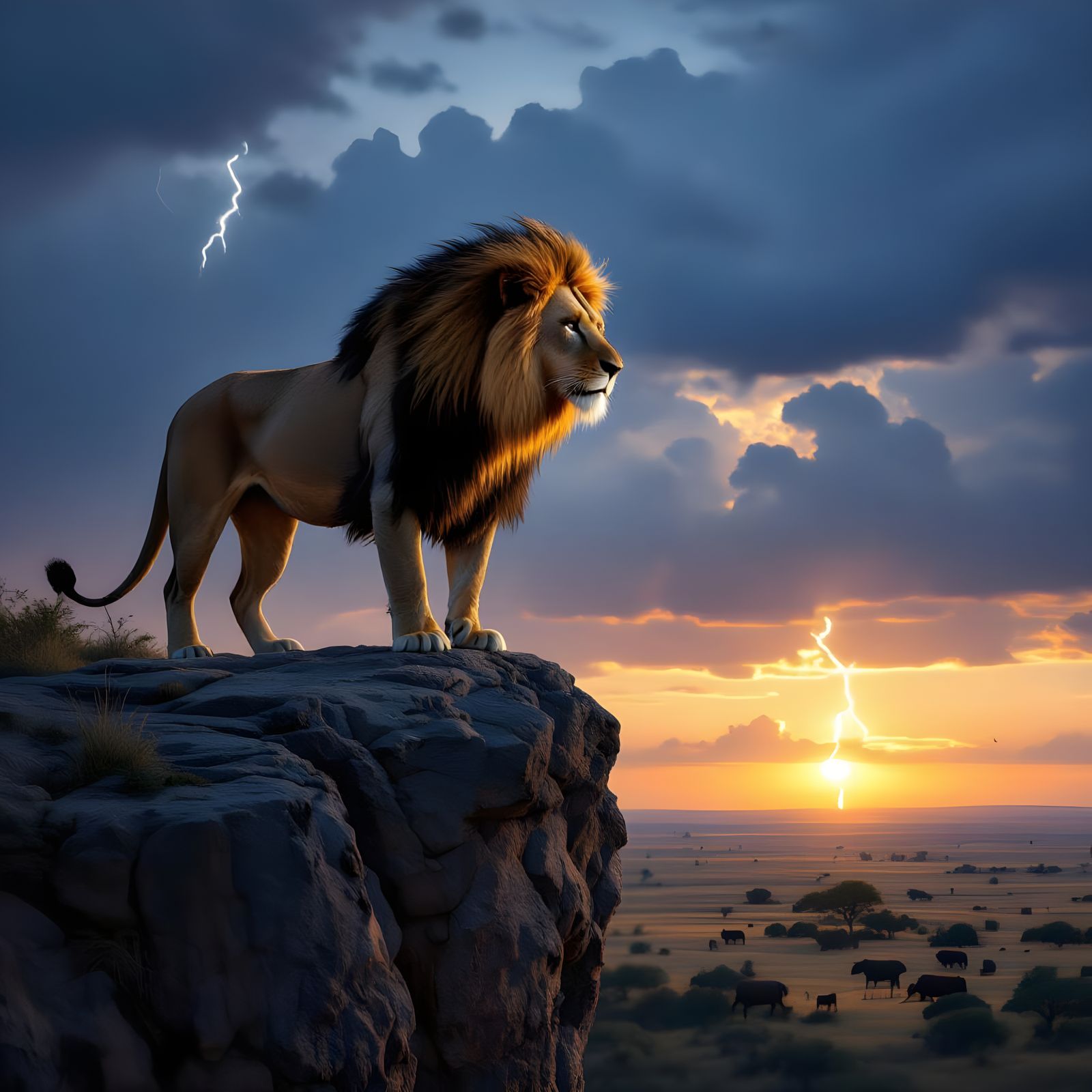 Majestic Lion on Cliff at Dusk, Hyper-Realistic