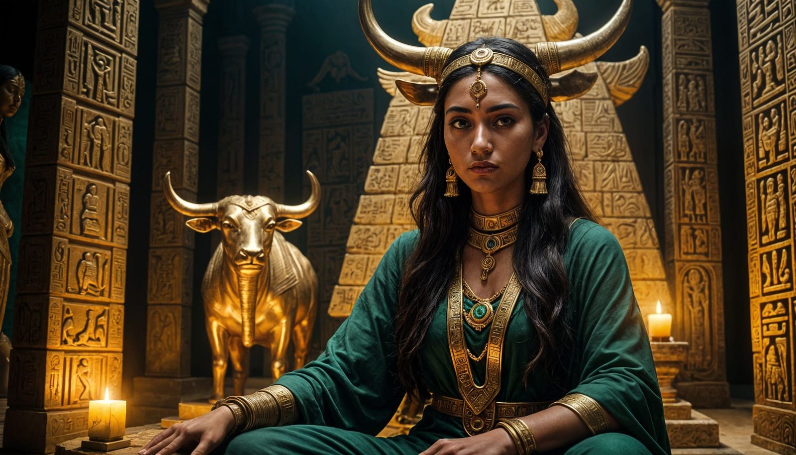 Ancient Egyptian Priestess in Golden Hieroglyphs