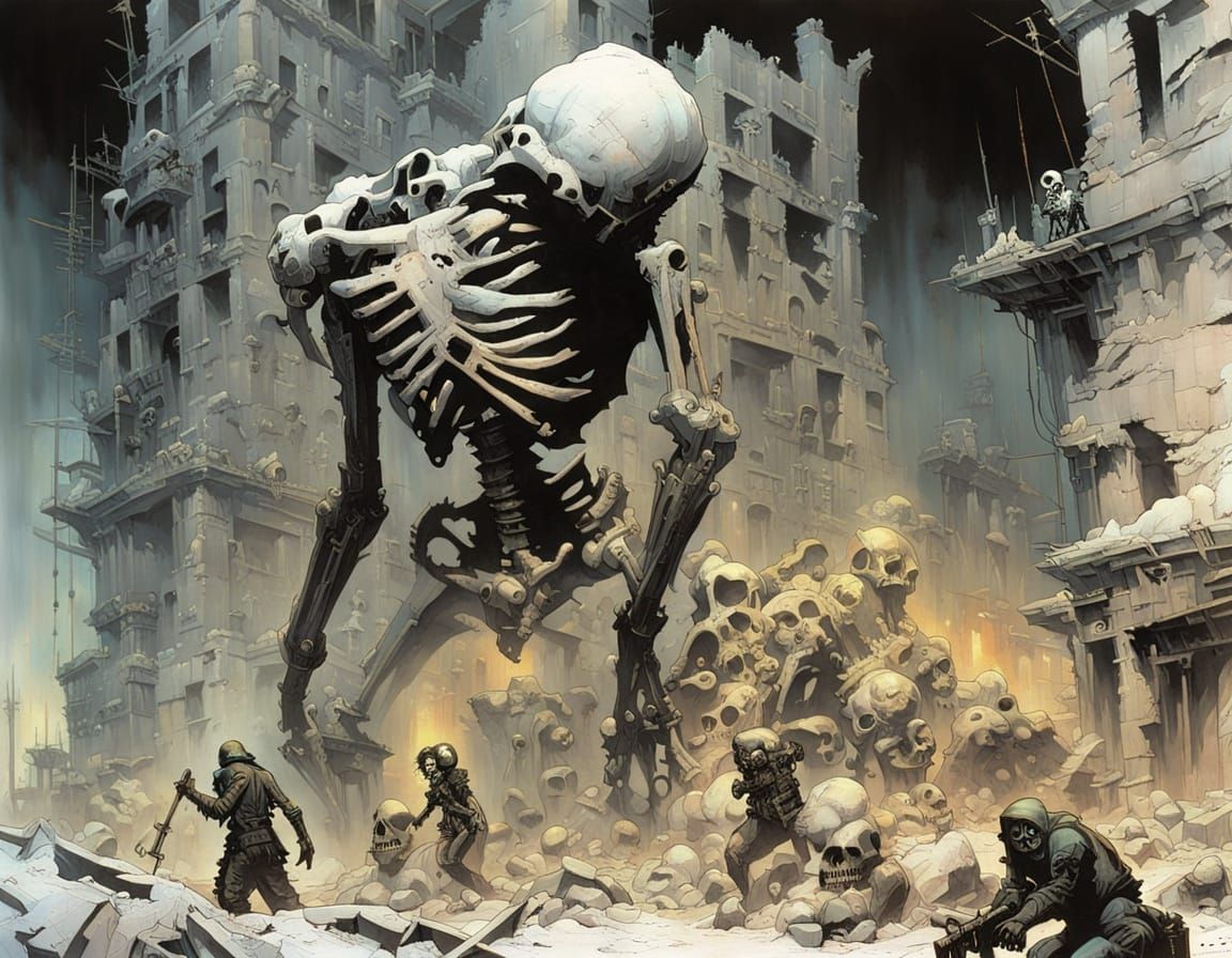 Post-Apocalyptic City Ruins with Skeletons