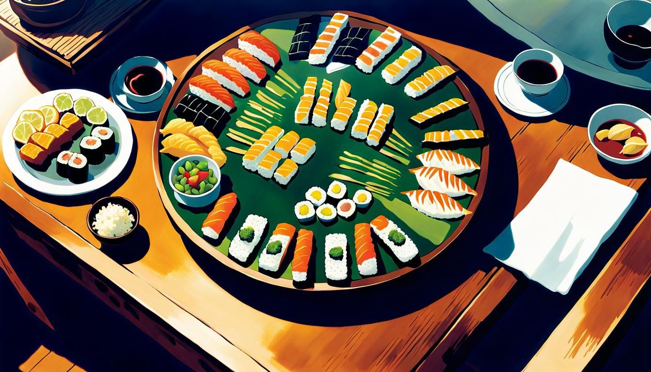 Overhead Sushi Plate in Anime Style