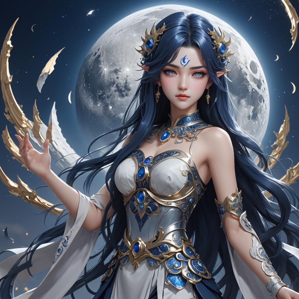 Anime Moon Goddess with Dark Hair, Silver Eyes