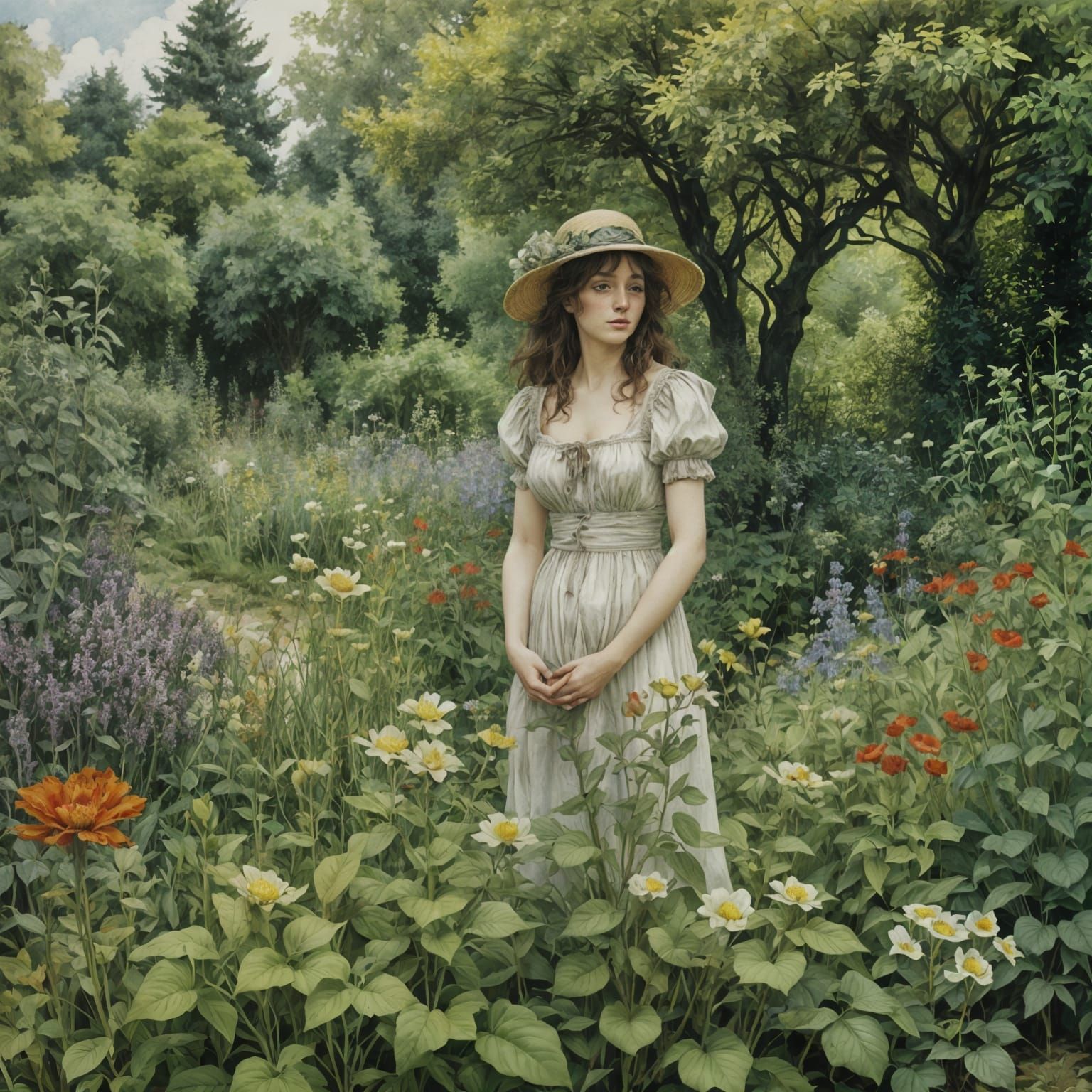 Ligne Claire Garden Drawing in Art Nouveau Style