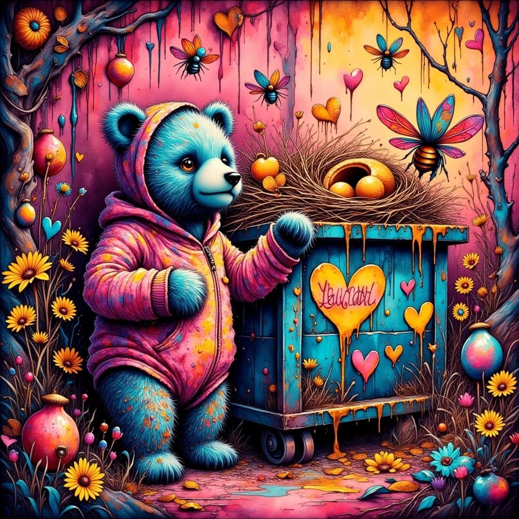Sparkly Bear Cub in Whimsical Graffiti Scene
