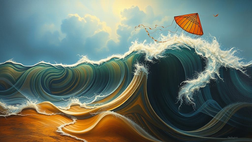 Life Beneath Kite Waves: A Surreal Oil Painting