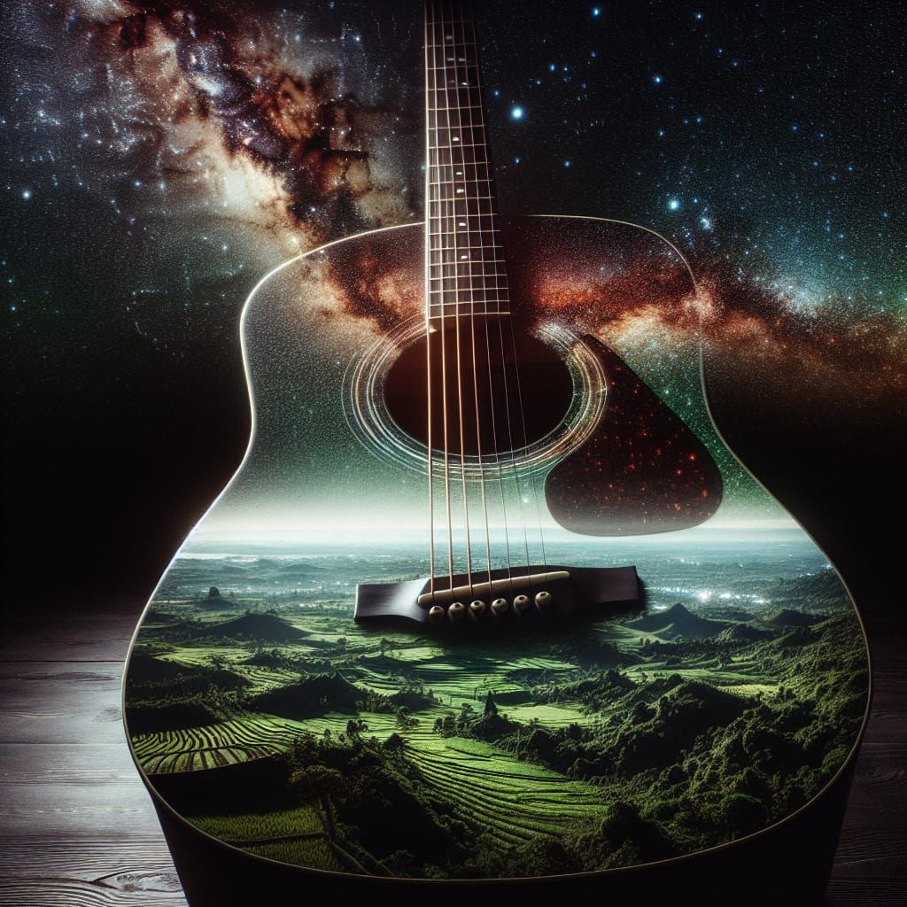 Acoustic Guitar Double Exposure: Stars and Landscape