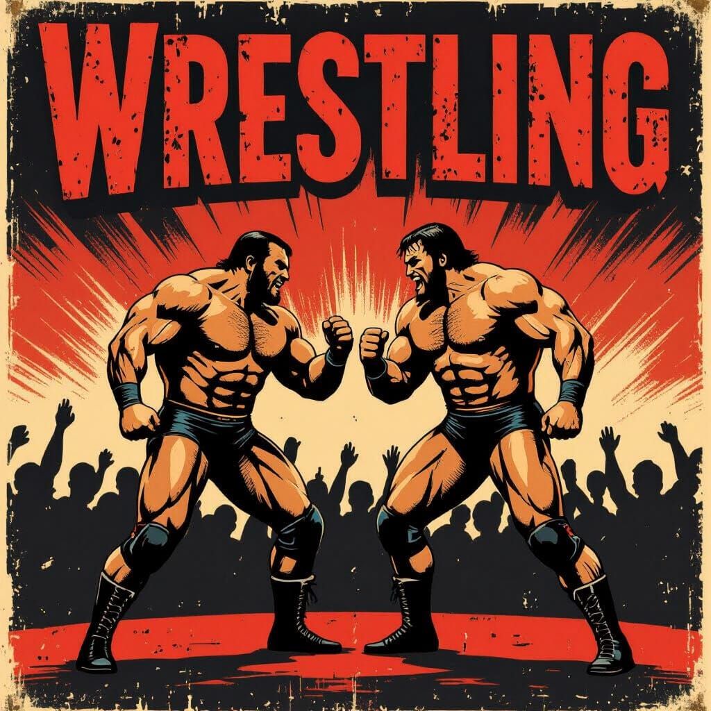 Vintage Wrestling Poster: Two Muscular Wrestlers in Dramatic...