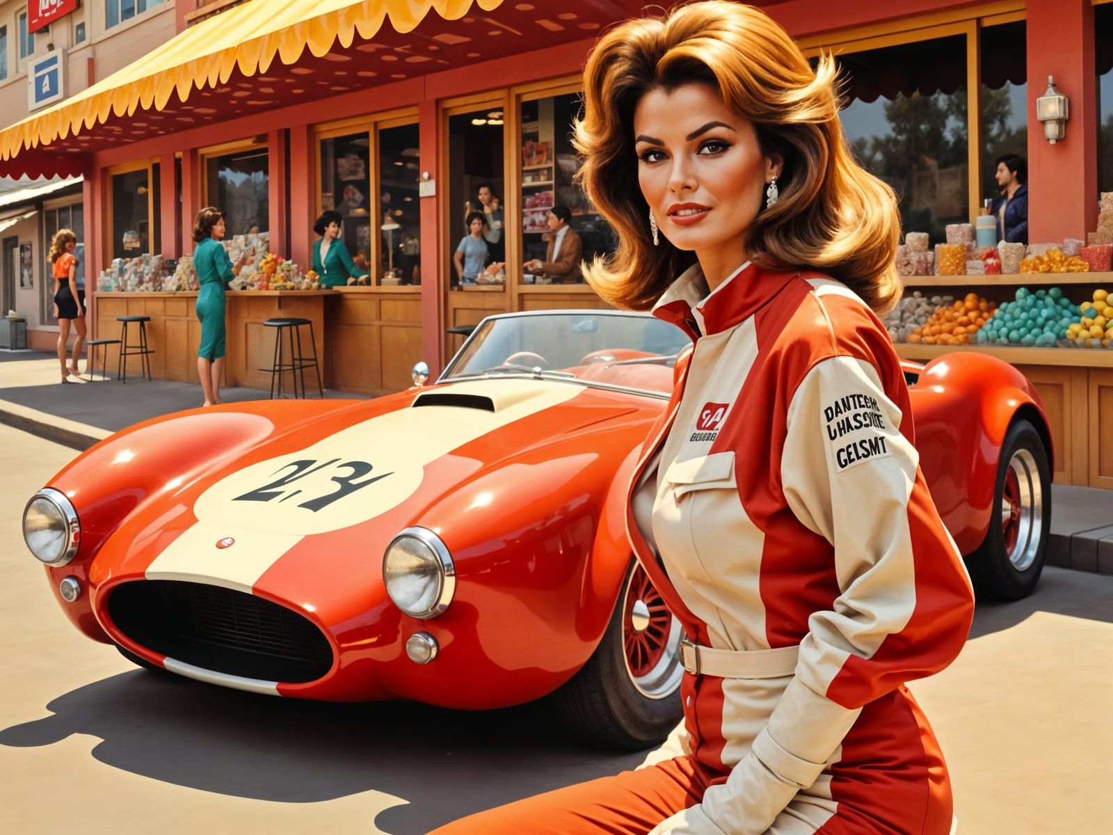 Raquel Welch as a Cute Race Car Driver at Candy Store