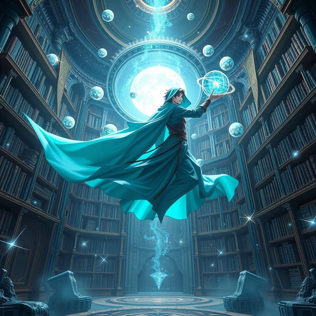 Astral Mage Levitates Amidst Cosmic Library in Vibrant 3D An...