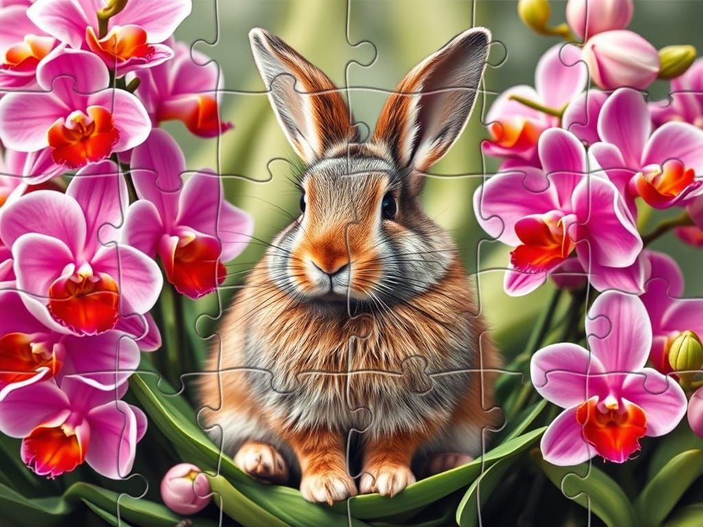 A Completed Puzzle of a Rabbit in Vibrant Orchids