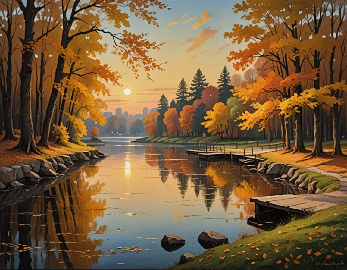 Romantic Autumn City Park Scene in Impasto Watercolor Style