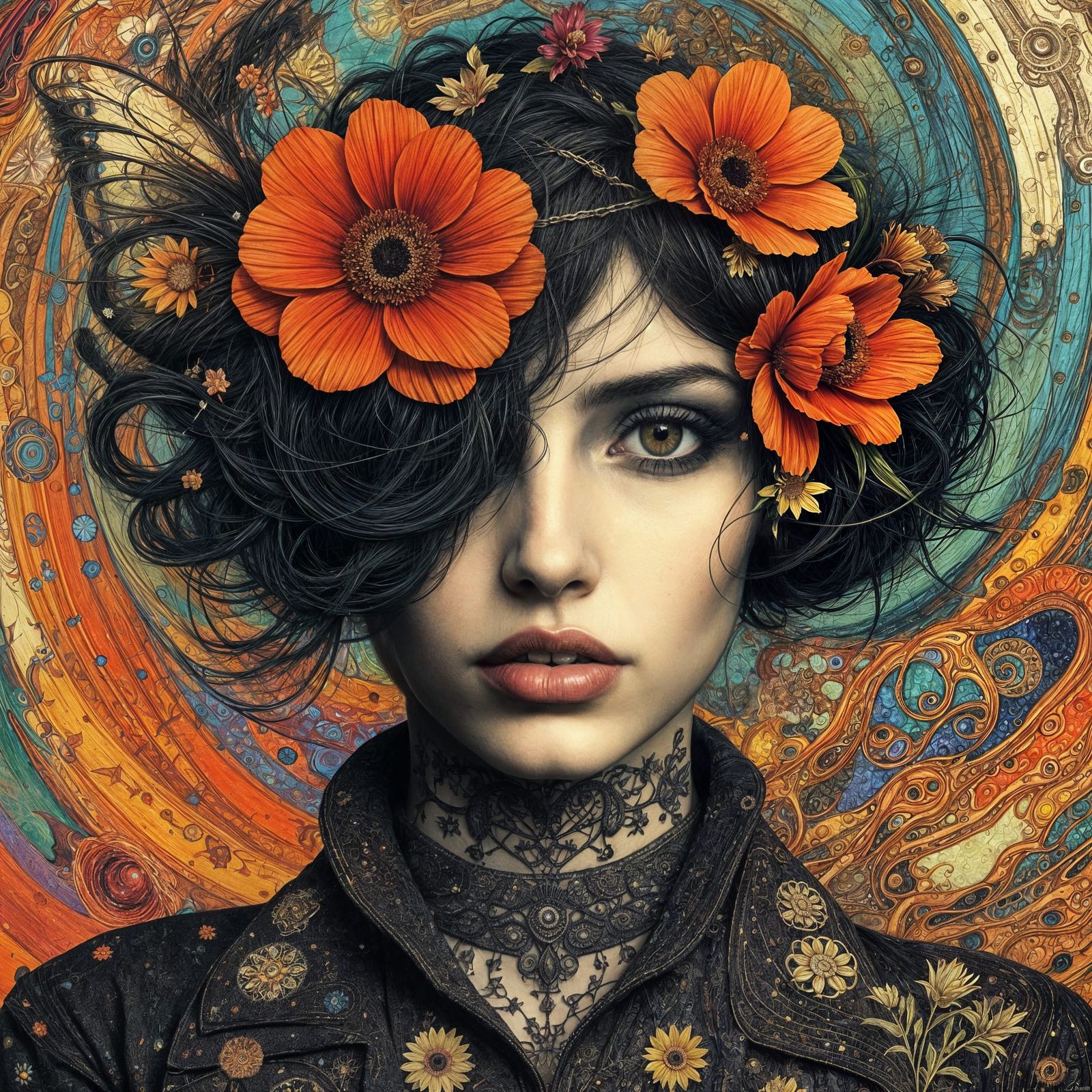 Surreal Woman with Flowers, Art Nouveau Portrait