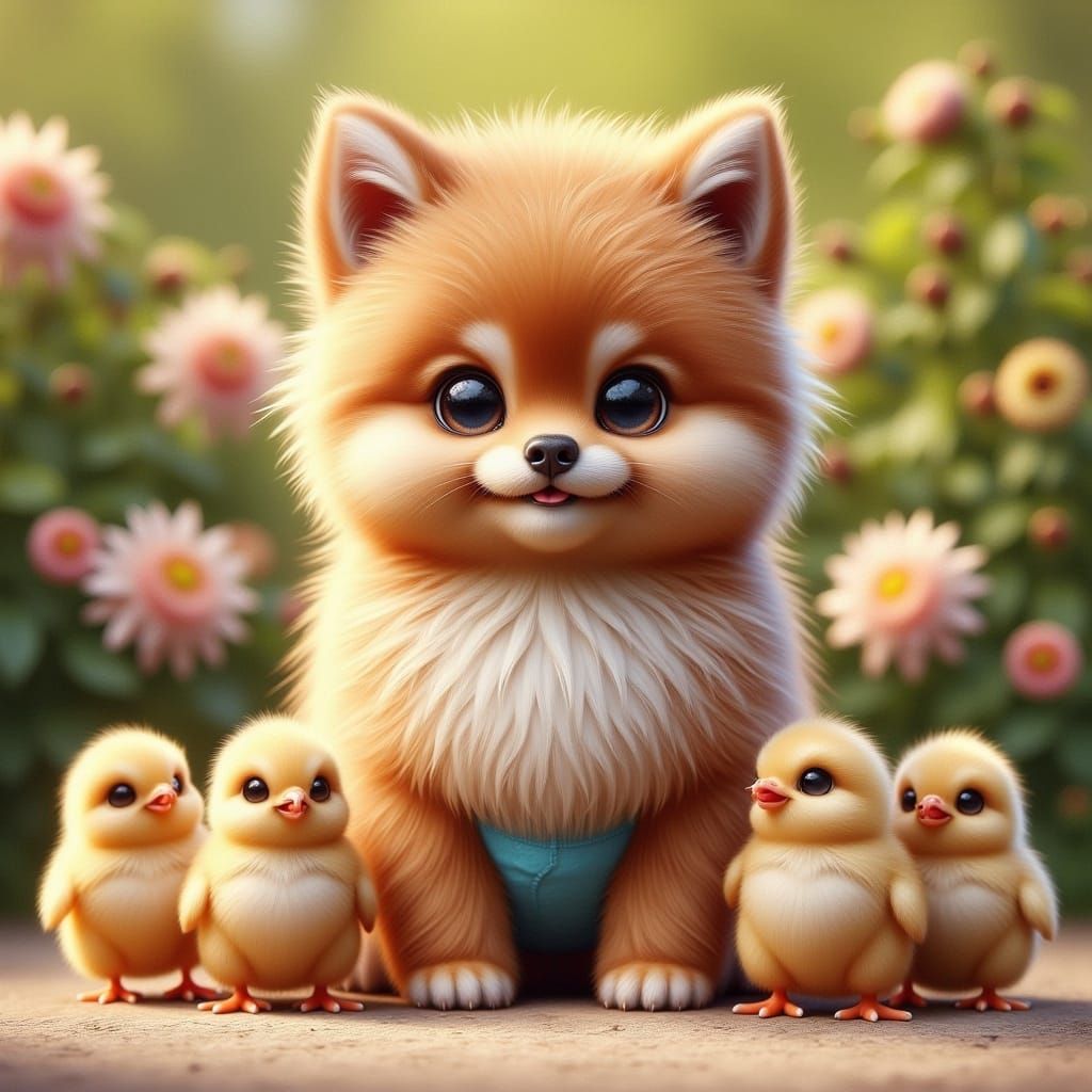 Ginger Pomeranian Puppy with Chicks, Dinotopia Style