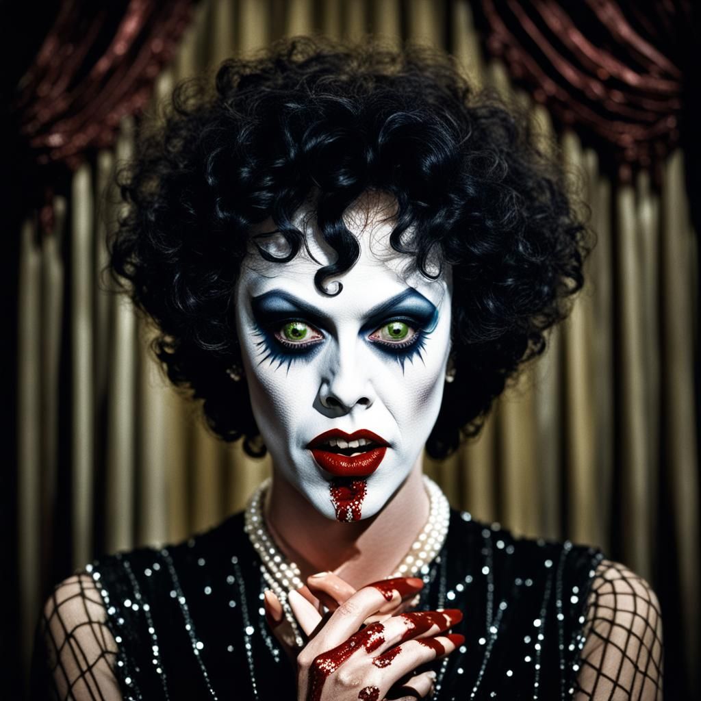 rocky horror picture show tim curry Dr Frank-N-Furter as a 1920s flapper with bloody hands