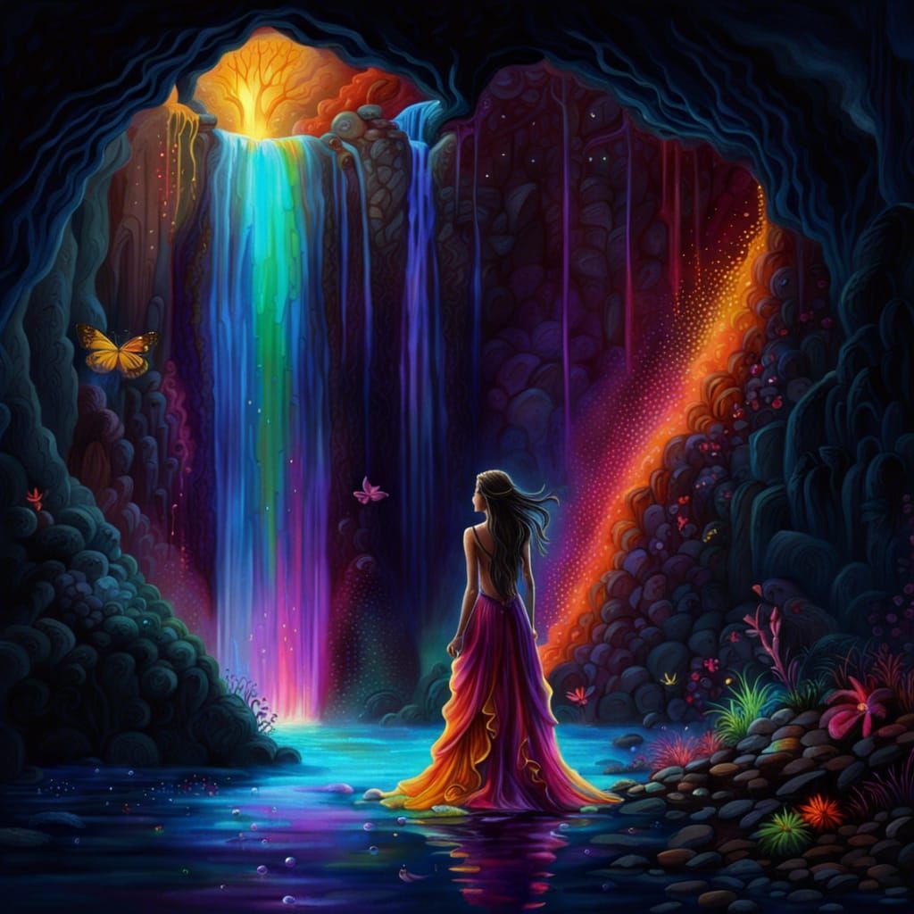 Colorful Fantasy Waterfall with Woman in Gown