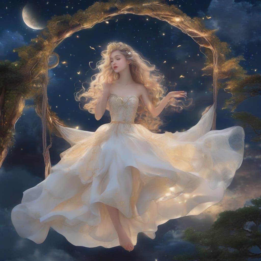 Crescent Moon in Night Sky with Swinging Figure