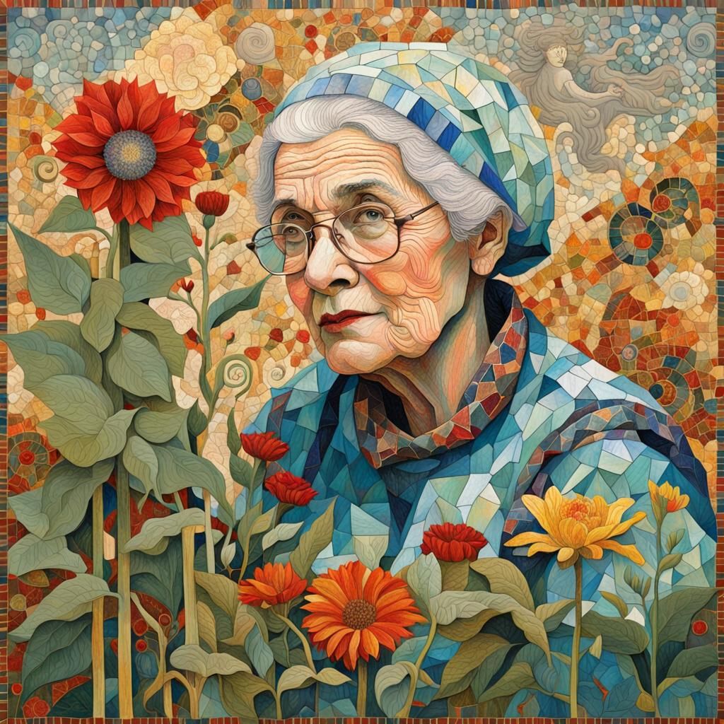 Old Woman Gardening in Colorful Mixed Media Collage