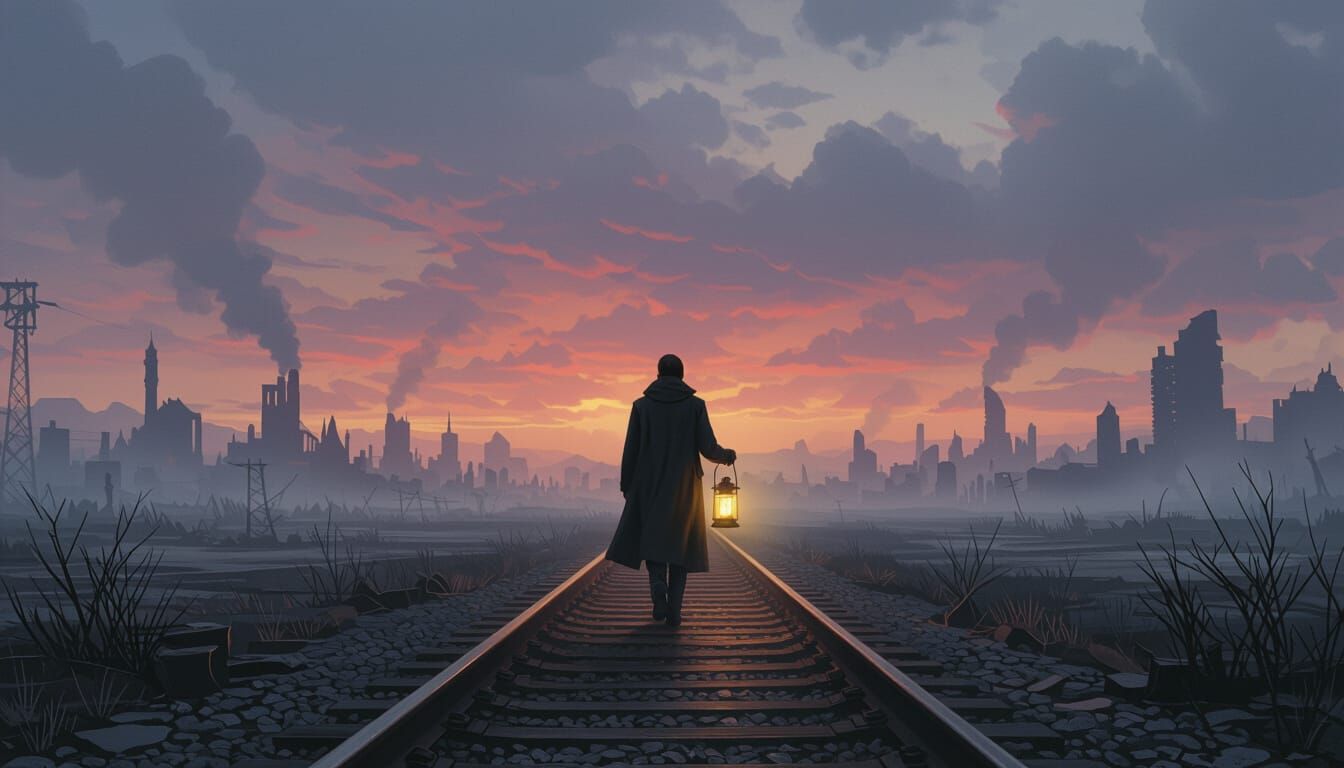 Lone Figure Walks Dimly Lit Rusted Railway at Dusk