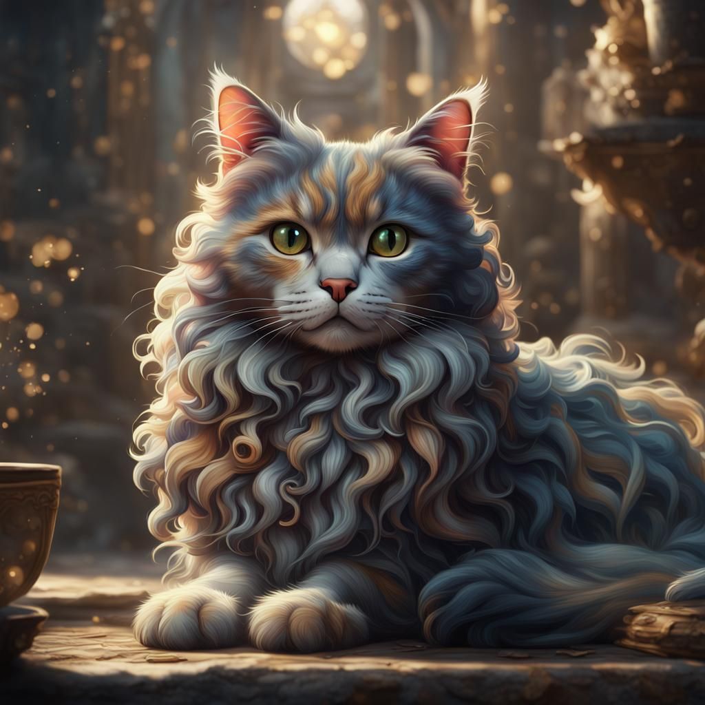 Dilute Calico Cat with Curly Fur, Matte Painting