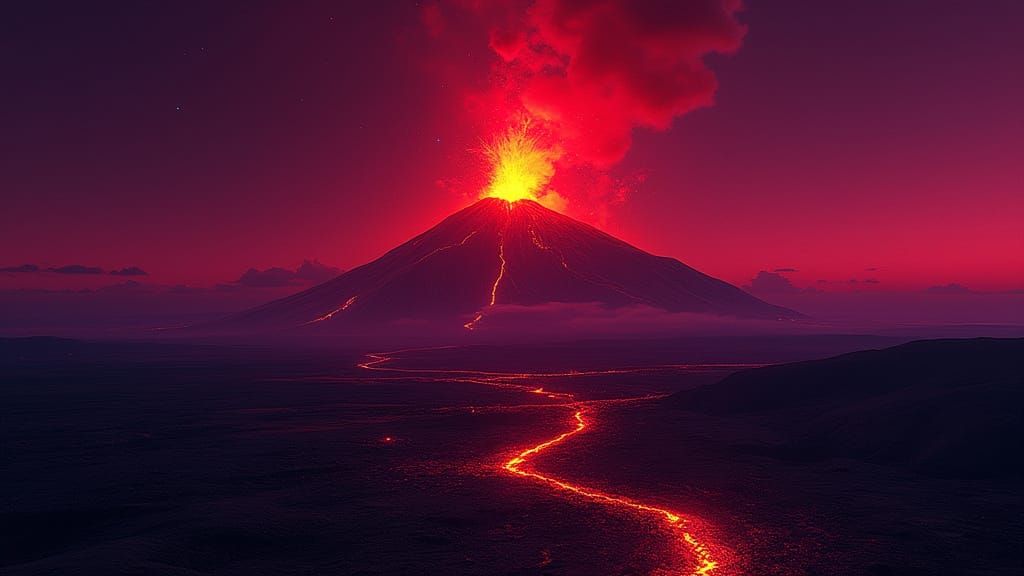 Vibrant Volcanic Eruption in Glitch Art