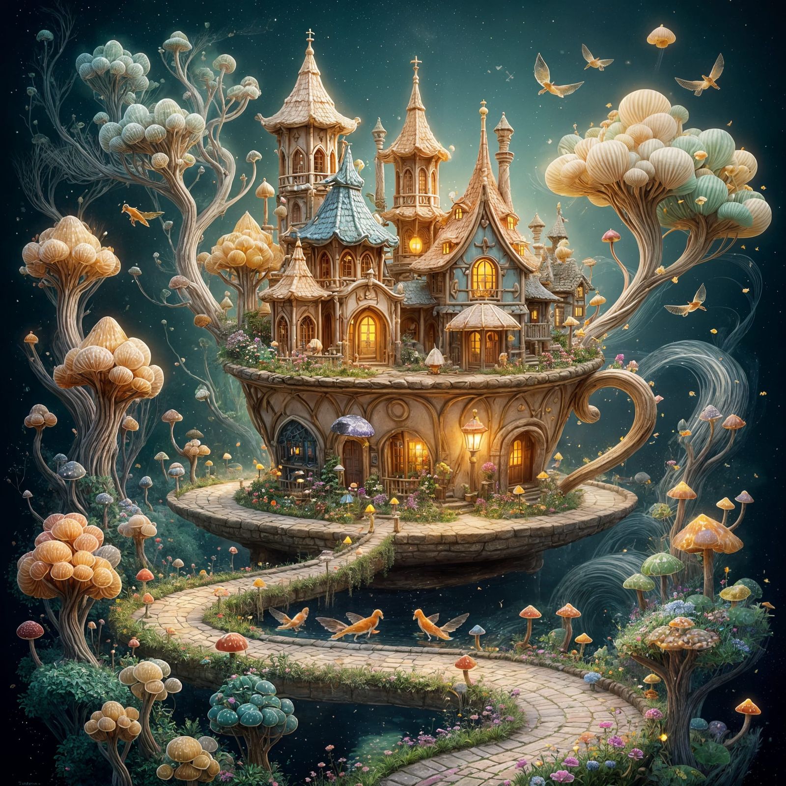 Whimsical Village Inside Teacup Over Mushroom Forest