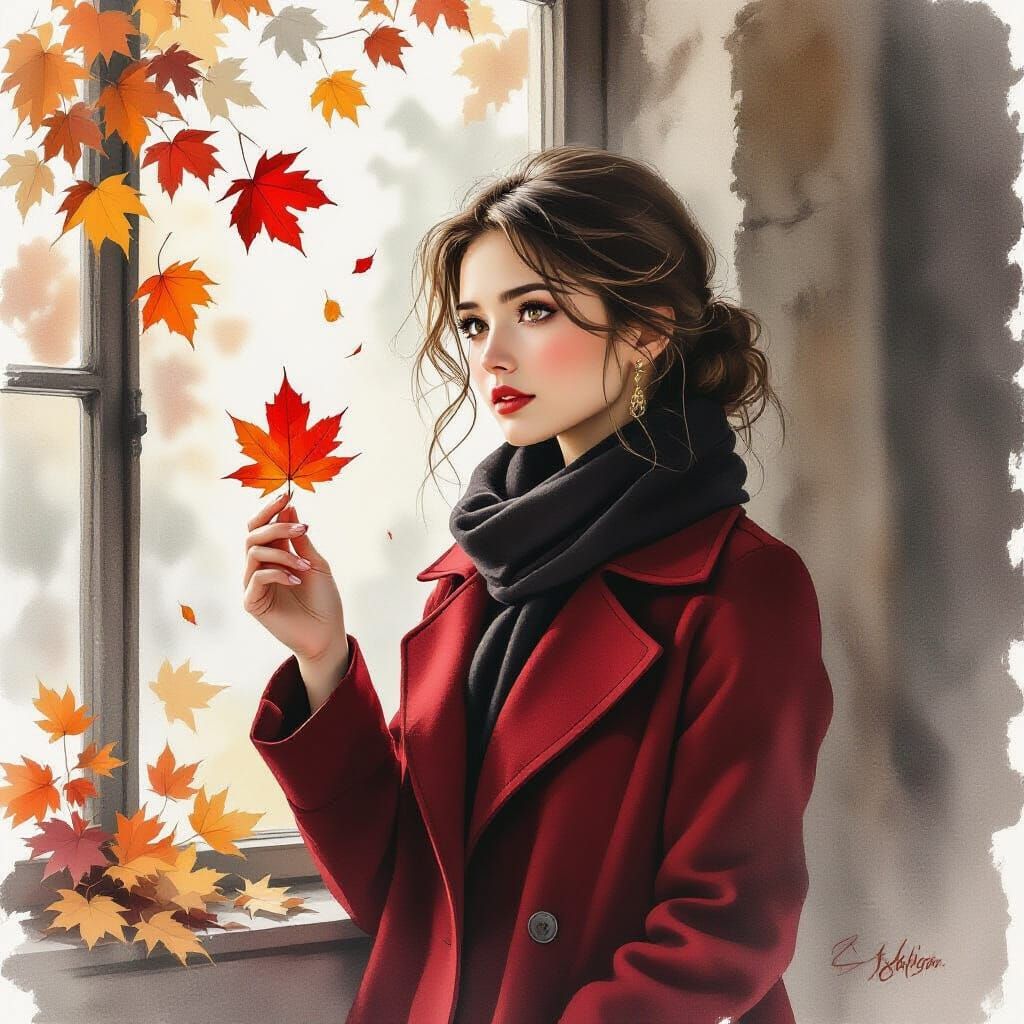Girl in Red Coat Holding Last Autumn Leaf