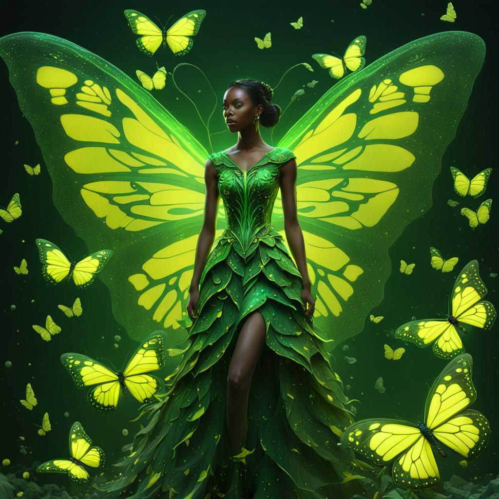 Neon Butterfly Dress: Detailed Fantasy Concept Art