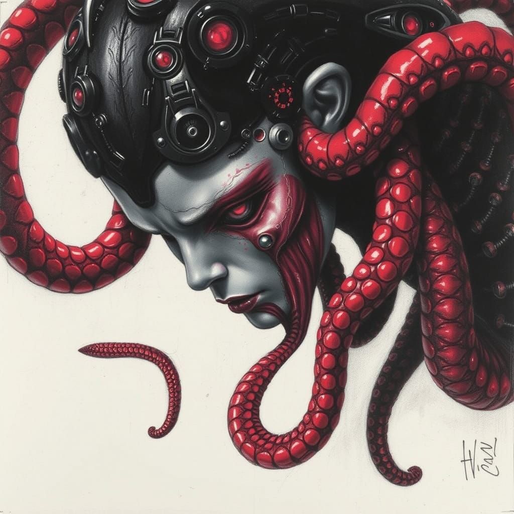 Futuristic Tentacled Mermaid in Biomechanical Charcoal Style