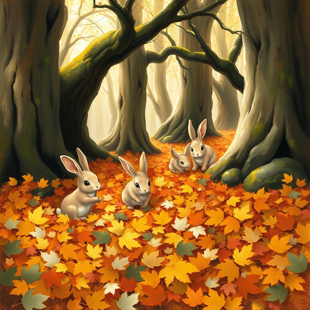 Adorable Rabbits Play Hide-and-Seek in Autumn Forest