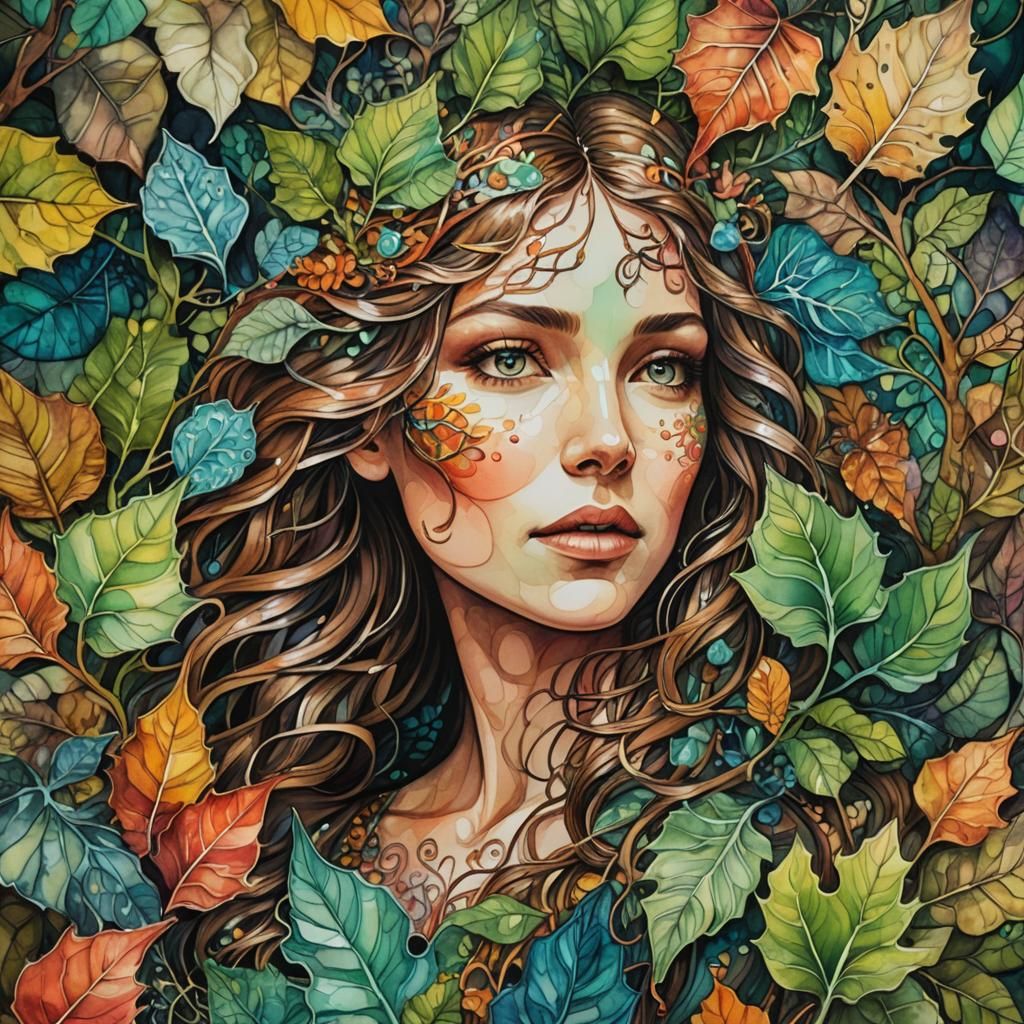 Mystical Woman Emerges from Forest Leaves