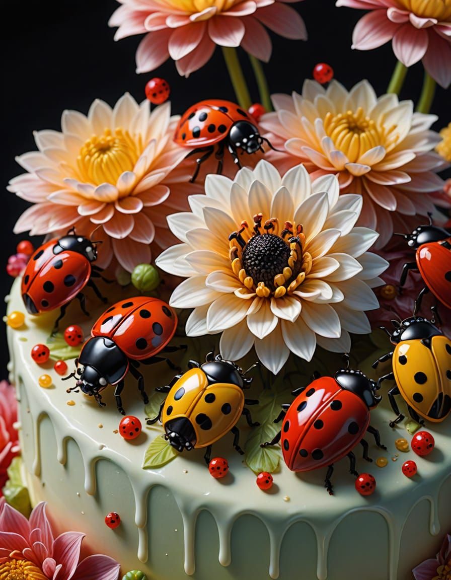 Elaborate Cake with Edible Dahlias in Oil Painting Style