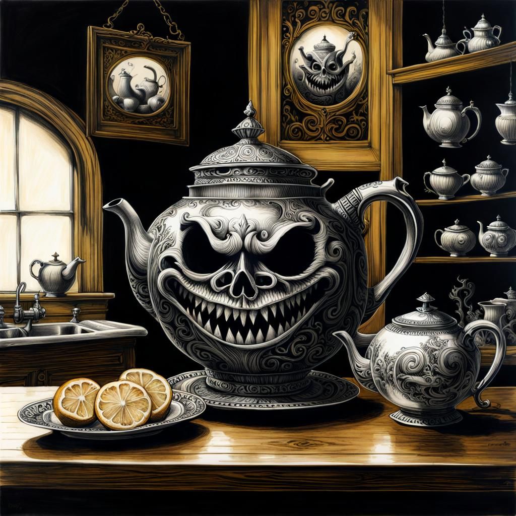 Evil Anthropomorphic Teapot in Dark Fantasy Style