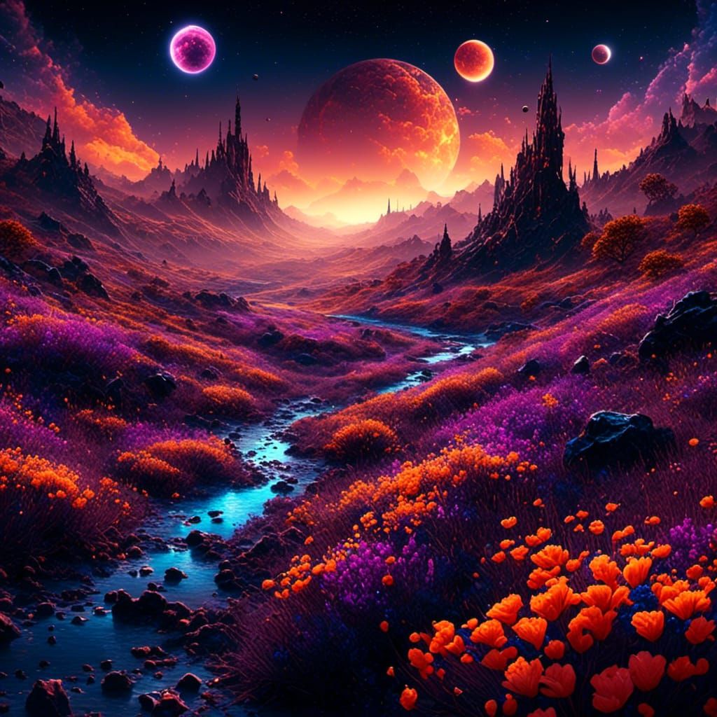 Glowing Spotted Flowers in Starry Landscape