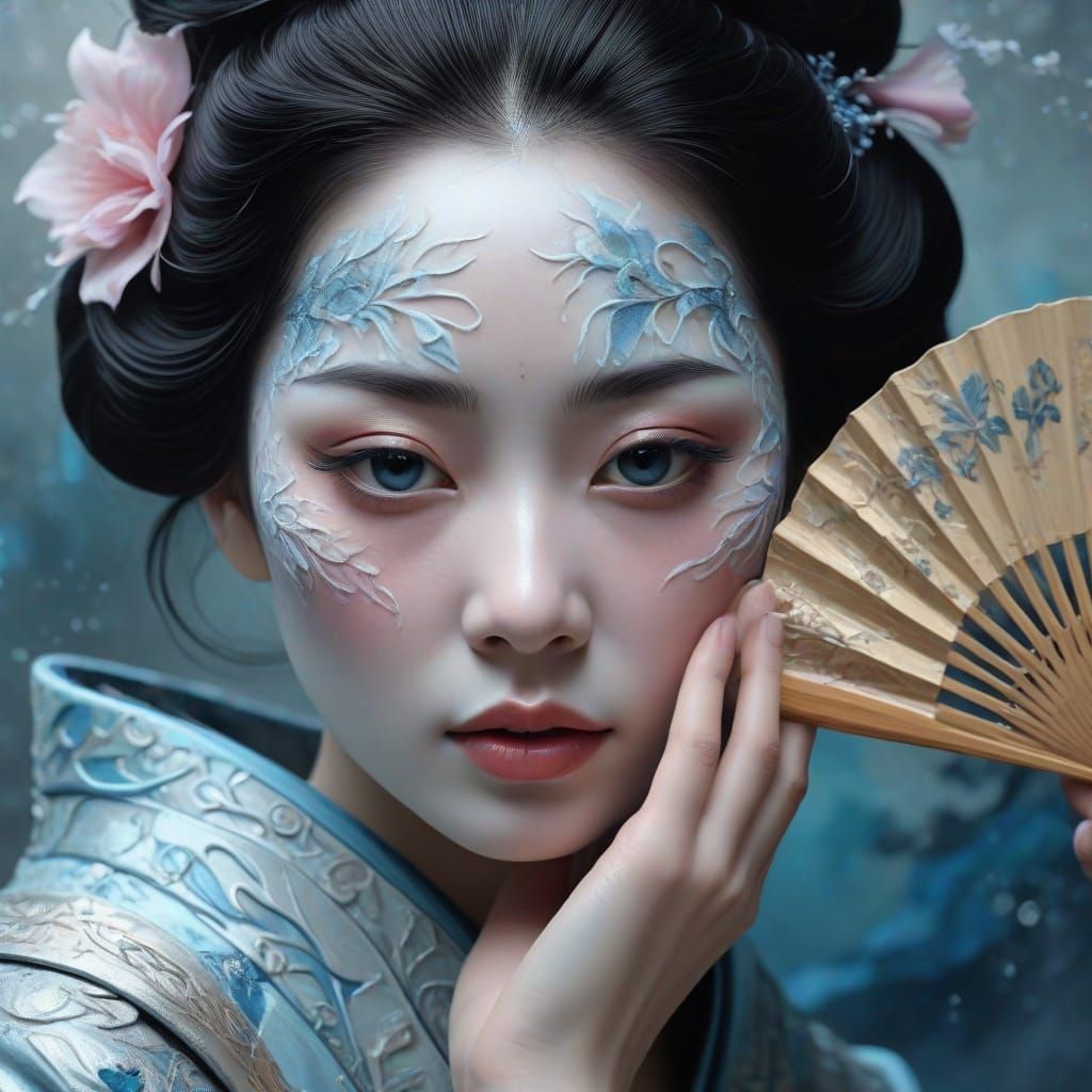 Geisha Portrait with Fan in Neo-Impressionist Style