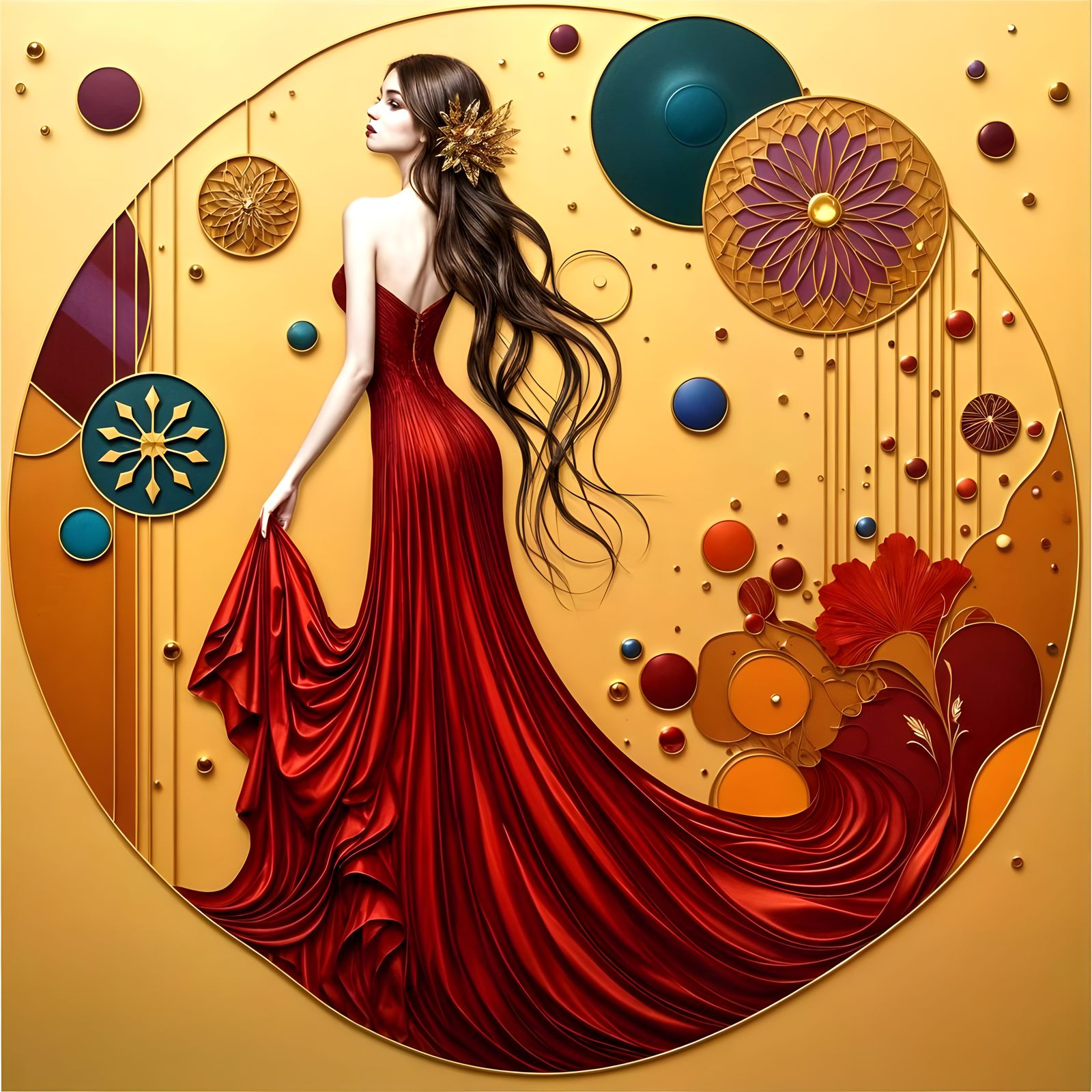 Woman in Red Wine Dress in Abstract Style