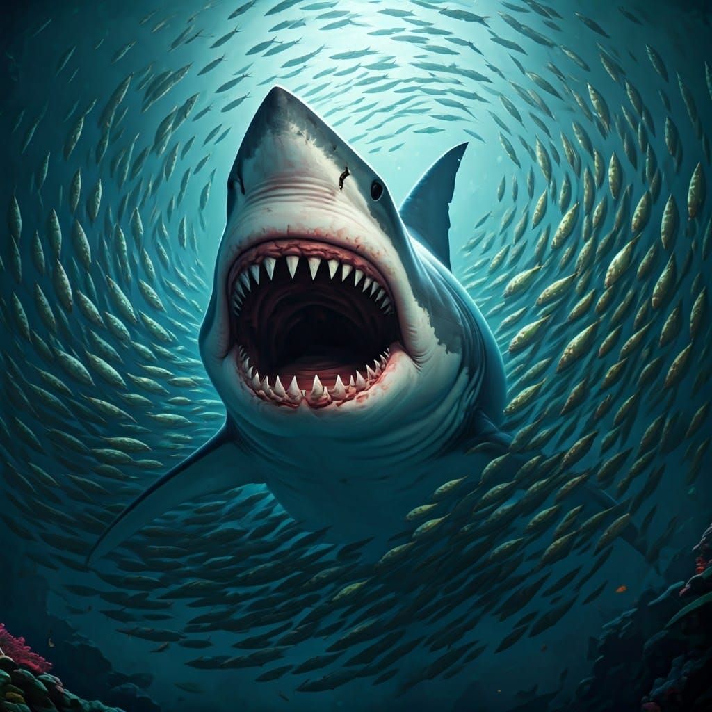 Shark Devouring Fish School in Baroque Style