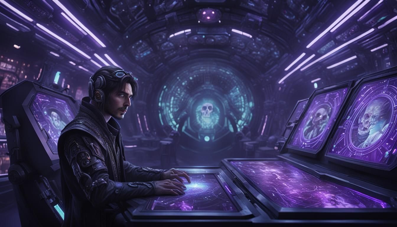 Futuristic Sci-Fi Necromancer on Spaceship Bridge