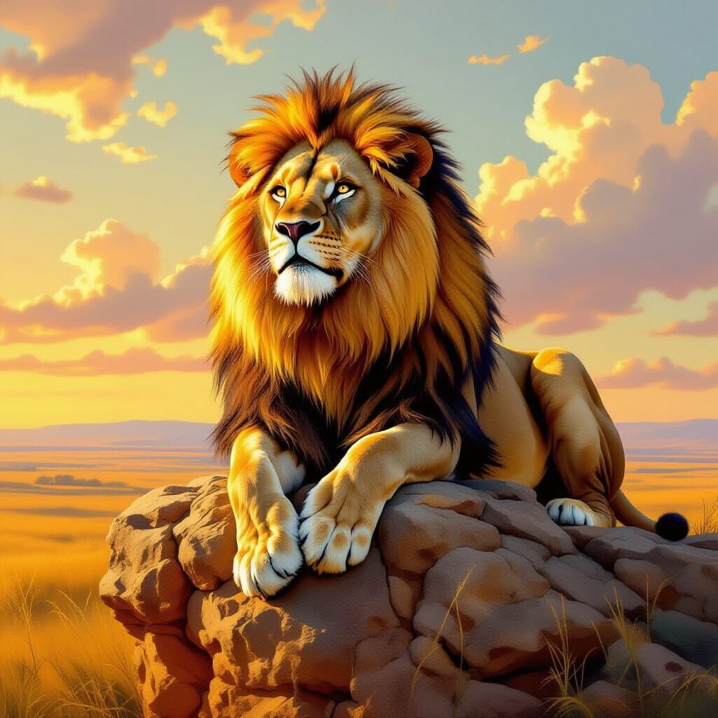 Majestic Lion with Fiery Mane Overlooking Savannah