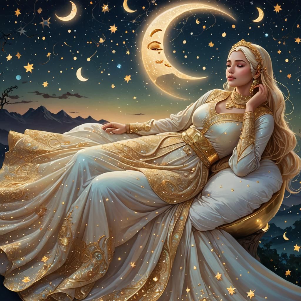 Golden-Haired Woman on Crescent Moon in Digital Art