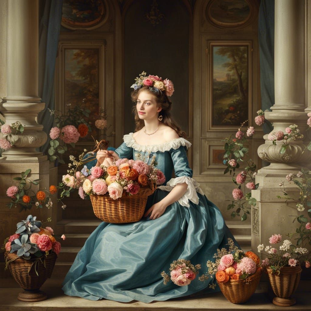 French Girl with Flowers in Boucher Palace Style