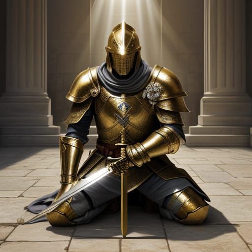 Modern Templar Knight Kneeling in Divine Light