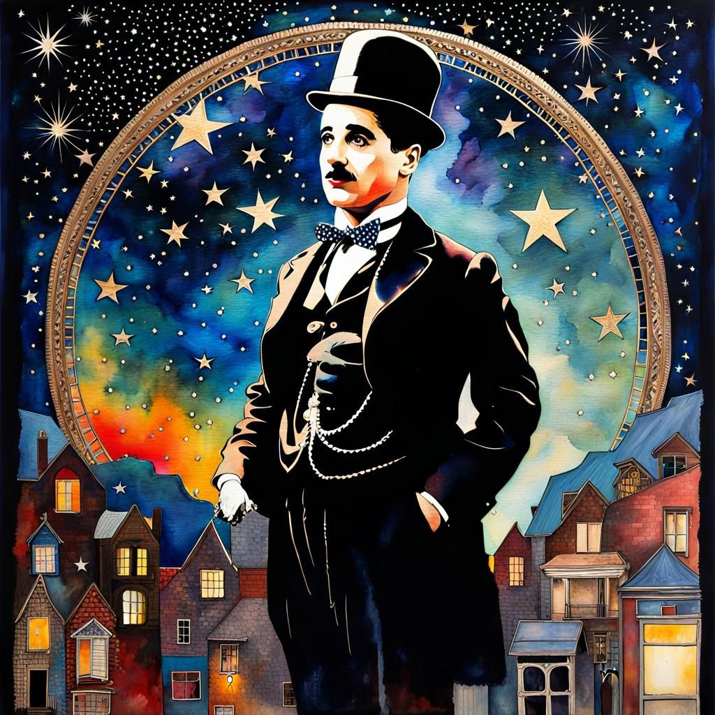 Charlie Chaplin as The Little Tramp in Watercolor Collage